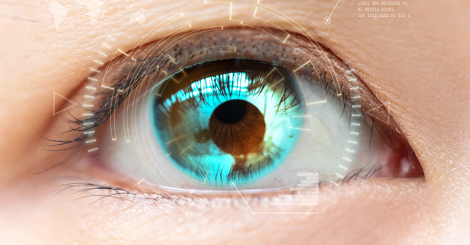 Closeup of an eye with a futuristic chart etched around the eye.